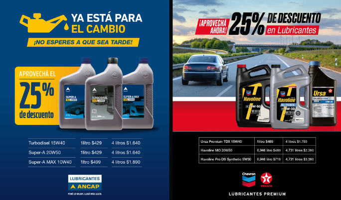 25% de descuento en Lubricantes ANCAP y Lubricantes CHEVRON TEXACO
